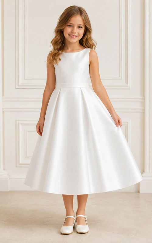 White Satin A-Line Flower Girl Dress with Sleeveless, Jewel Neck, Tea-Length Skirt