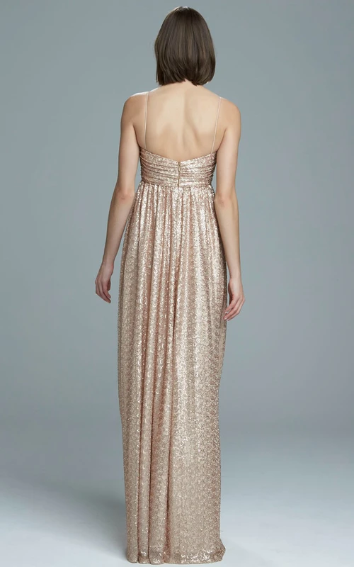 Robe de demoiselle d'honneur maxi sans manches à sequins spaghetti et bretelles fines