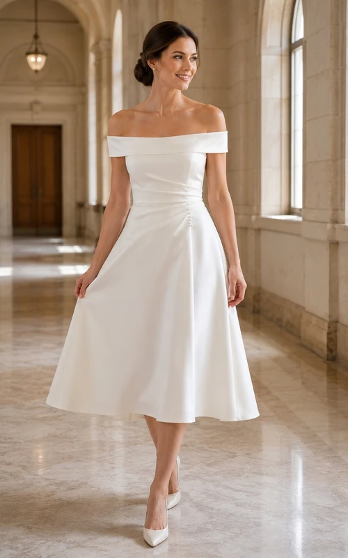 Standesamtliches schulterfreies A-Linien-Kleid in Teelänge – schlicht, dezent, modern – für eine standesamtliche Hochzeit