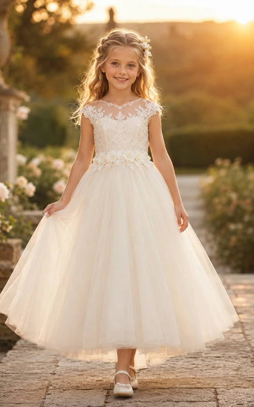 Blumenmädchenkleid aus elfenbeinfarbener Spitze und Tüll, A-Linie, kurze Ärmel, Rundhalsausschnitt, Teelänge, Schleife am Rücken