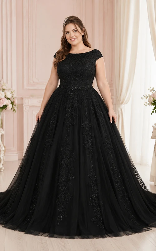 Modest Black Plus Size Bateau Cap Sleeve Lace Ball Gown Wedding Dress