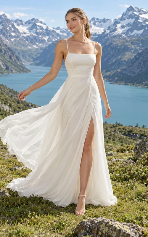 Sencillo vestido de novia de gasa con escote cuadrado, corte en A, tirantes finos y abertura lateral.