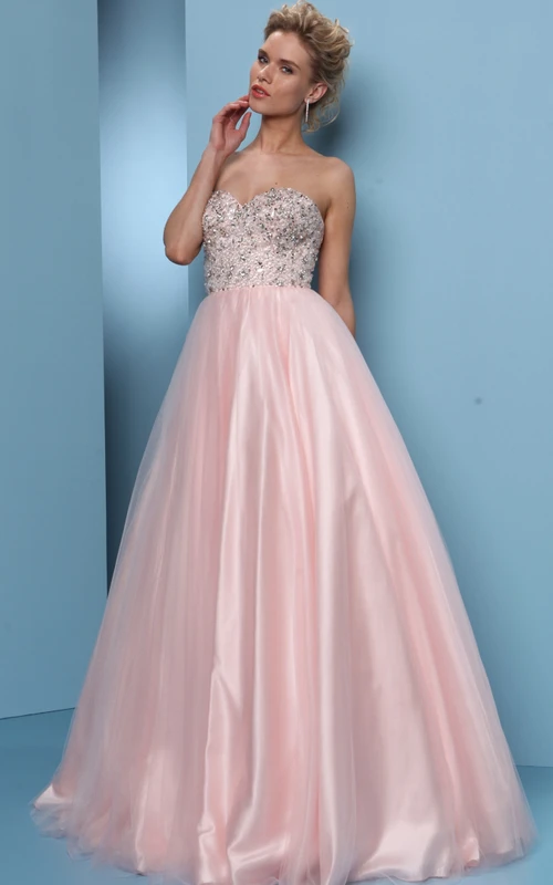 Ball Gown Sweetheart Floor-Length Beaded Sleeveless Tulle&Satin Prom Dress