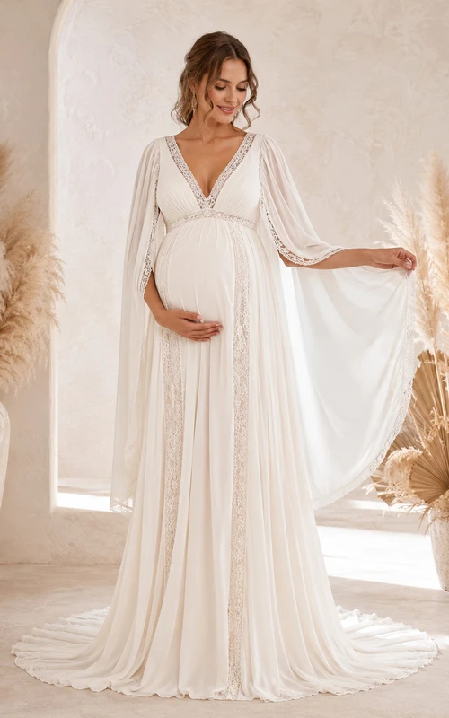 Robe de mariée bohème à col en V et manches longues cape pour femme enceinte