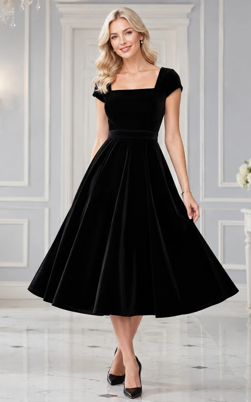 Schwarzes Samtkleid in A-Linie mit schulterfreiem Ausschnitt und kurzen Ärmeln