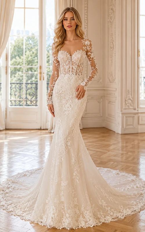 Robe de mariée sirène en pure dentelle, col V, manches longues, traîne chapelle, ornée d'appliqués floraux, style jardin.