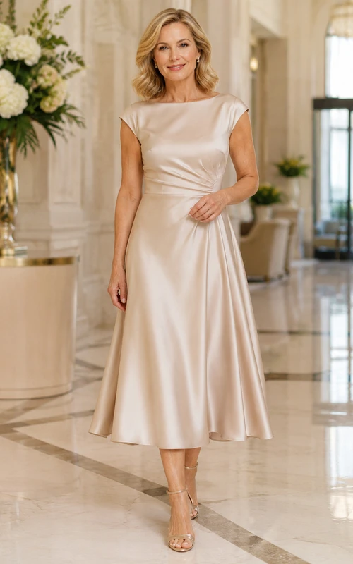 Champagnerfarbenes, schlichtes, elegantes A-Linien-Kleid aus Satin mit U-Boot-Ausschnitt, kurzen Ärmeln und Teelänge – perfekt für die Mutter der Braut.
