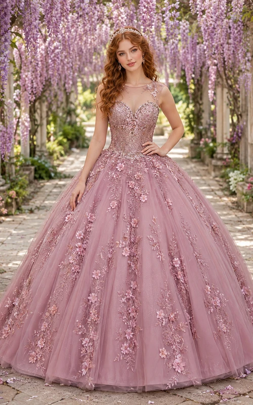 Mauve Pink Floral Applique Tulle Quinceanera Ball Gown