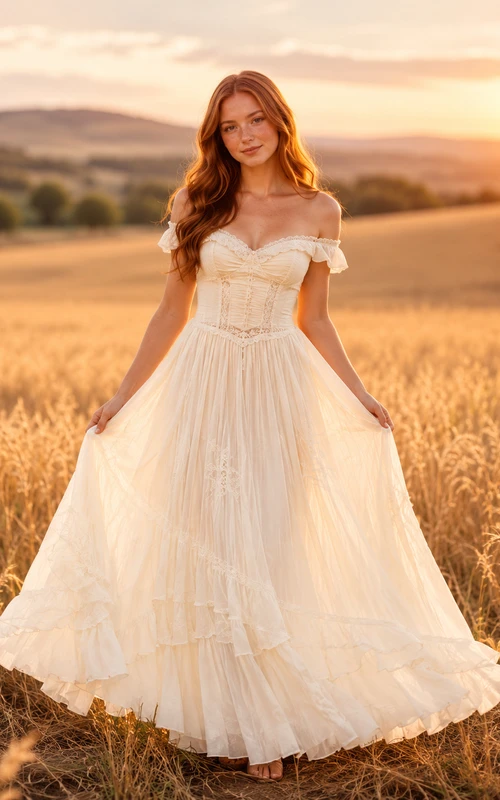 Pale off shoulder puff sleeve layered tulle maxi dress