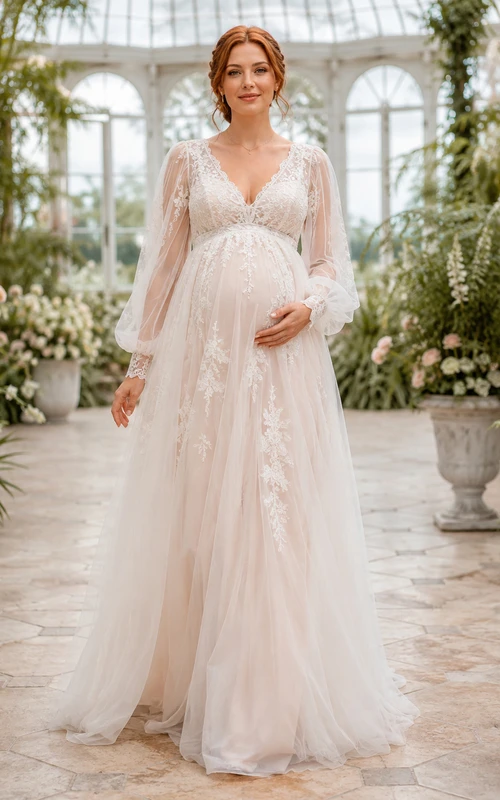 Boho Maternity V Neck Long Bell Lace Sleeve Empire Wedding Gown