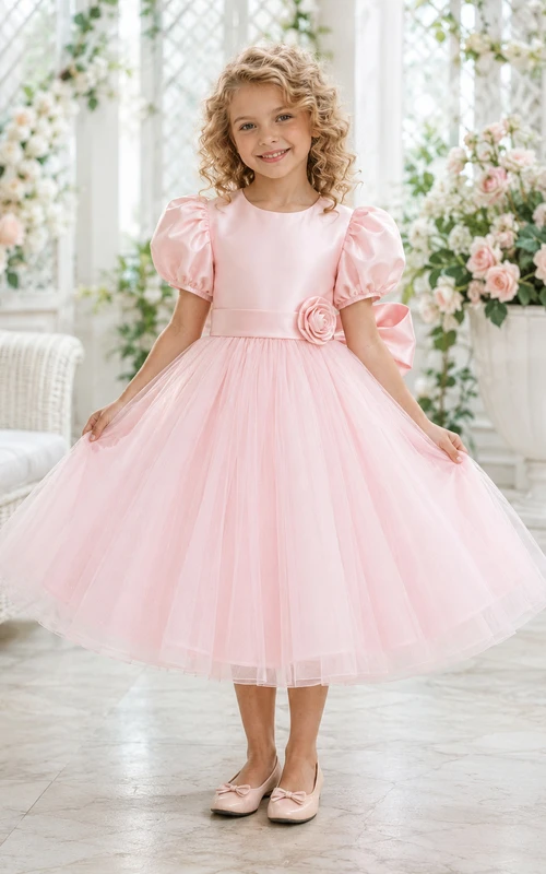 Pastel Pink Flower Girl Dress Tea-Length Tulle Ball Gown Puff Sleeve Satin Bow