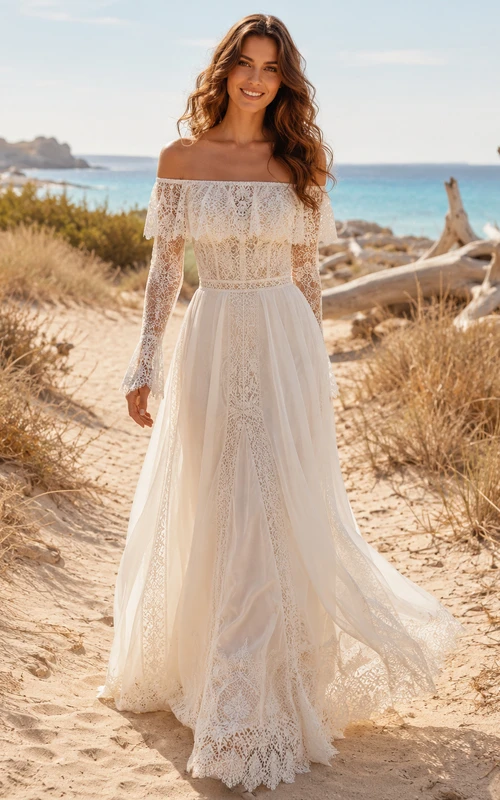 Boho Ibicenco A Line Off Shoulder Long Crochet Sleeve Train Wedding Dress