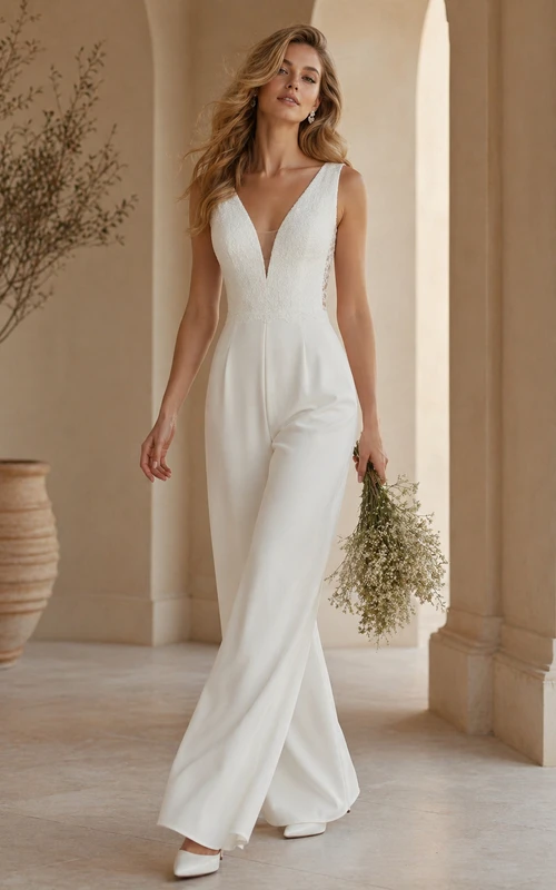Combinaison de mariée minimaliste et élégante avec corsage en dentelle à col en V et pantalon large en crêpe