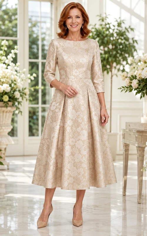 Vestido de noche formal elegante color champán con escote barco y brocado, estilo midi, para invitada.