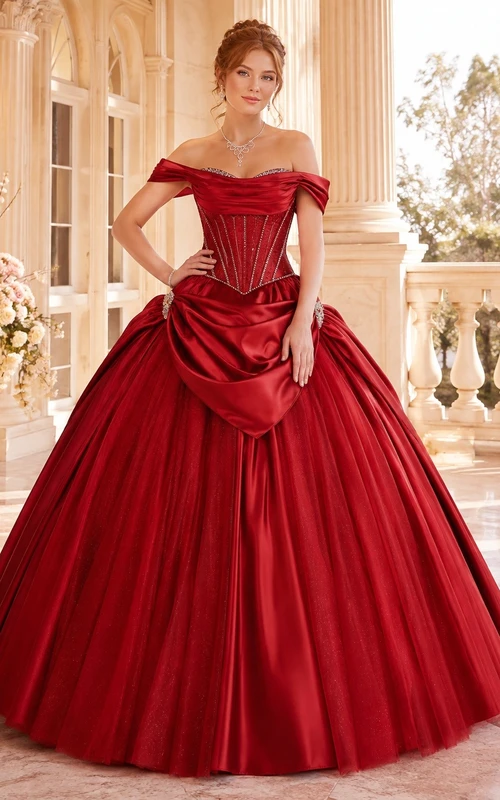 Red Satin Off-the-Shoulder Draped Quinceanera Ball Gown
