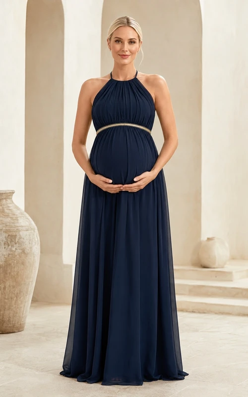 Elegant Maternity Navy Chiffon A-Line Floor-Length Halter Sleeveless Dress