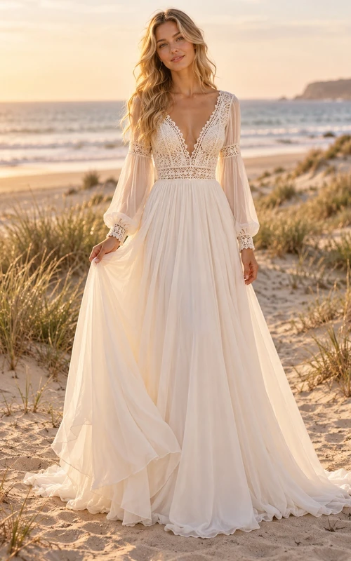 Boho Long Poet Sleeve Plunge V-neck Chiffon Wedding Dress