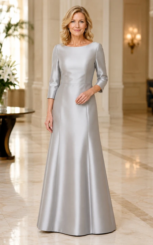 MOB-Kleid aus silbernem Satin, A-Linie, 3/4-Ärmel, U-Boot-Ausschnitt, bodenlang, plissiert