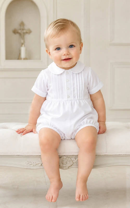 White Pintuck Peter Pan Collar Short Sleeve Christening Bubble Romper for Baby Boy