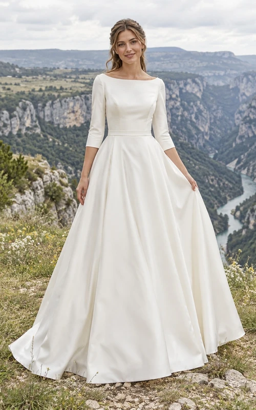 Vestido de novia sencillo de corte princesa con escote barco, mangas tres cuartos, satén duquesa y cola larga.