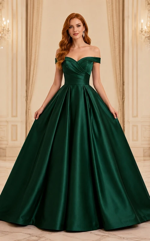 Dark Green Satin Off Shoulder Short Sleeve Ball Gown Floor Length Formal Dress