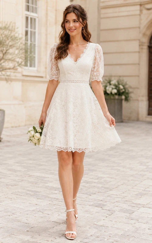Vintage V Neck Half Lace Sleeve A Line Mini Civil Wedding Dress