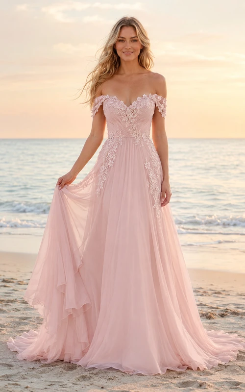Blush Off-Shoulder Floral Applique Chiffon Beach Bridal Gown