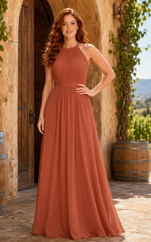 Terracotta Chiffon A-Line Halter High Neck Sleeveless Pleated Open Back Floor-Length Bridesmaid Dress