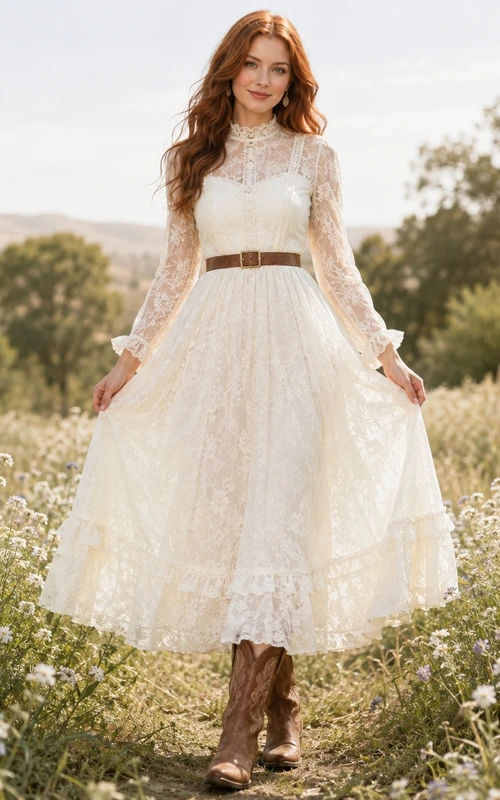 Vestido bohemio de manga larga, largo hasta la rodilla, corte en A, cuello alto y encaje, de Ivory Guest Ranch