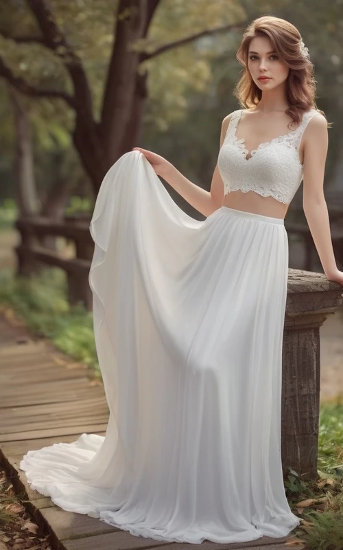Vestido de novia bohemio de dos piezas de gasa con top de encaje.