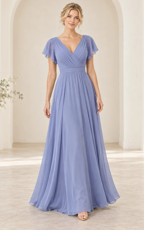Vestido de dama de honor largo hasta el suelo, de corte A, con mangas de volantes, escote en V profundo y estilo cruzado, color bígaro veraniego.