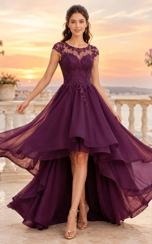 Plum V-Neck Short Sleeve Tiered Tulle High-Low Prom Dress
