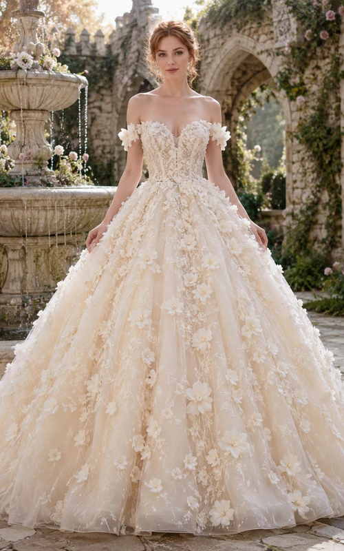 Schulterfreies 3D-Blumen-Ballkleid im Schloss- und Gartenstil