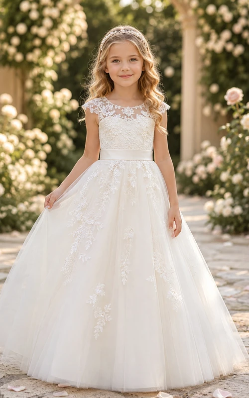 Blumenmädchenkleid mit Spitzenärmeln und Tüllrock