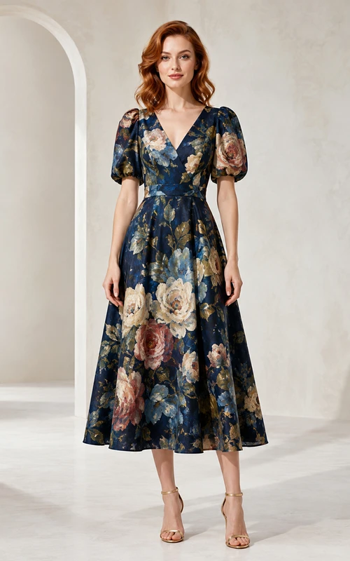 Vestido midi de invitada con mangas abullonadas y estampado floral de pintura al óleo negra