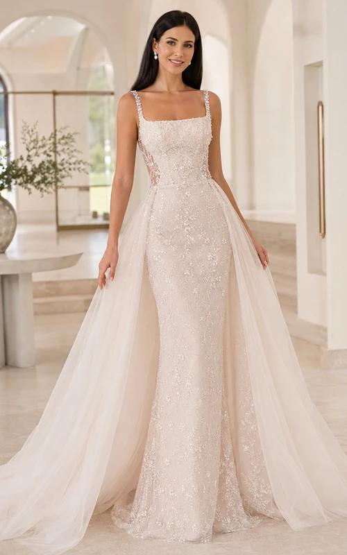 Robe de mariée fourreau à bretelles carrées, ornée de perles, avec surjupe amovible et traîne courte