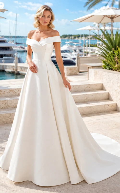 Robe de mariée de style bord de mer, en satin, épaules dénudées, corsage plissé et traîne chapelle