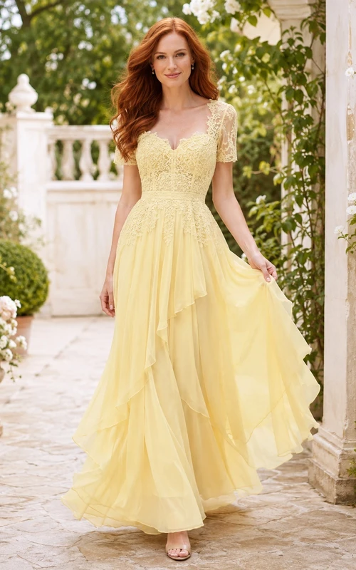 Yellow Floral Lace Short Sleeve Chiffon A-Line Floor-length Garden Guest Dress