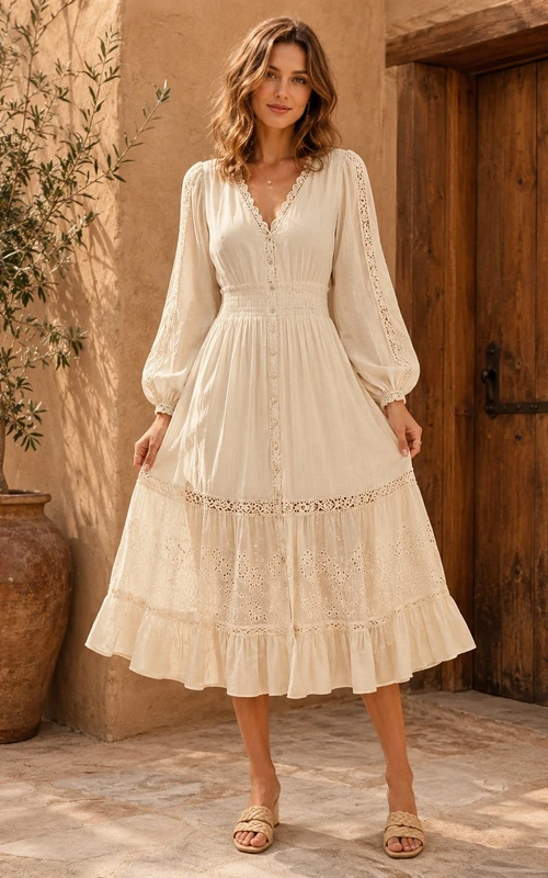 Cream V-Neck Long Poet Sleeve Lace Ruffle A-Line Tea-Length Bohemian Dress