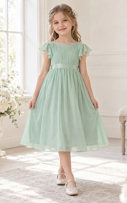 Tea-length Celadon Scoop Neck Flutter Sleeve Ruched Chiffon Flower Girl Dress