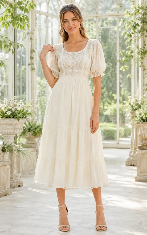 Robe trapèze vintage ivoire mi-longue à col rond et manches bouffantes