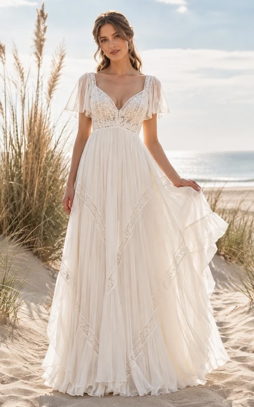 V-Neck Short Sleeve Lace A-Line Floor-length Sweep Train Bohemian Bridal Dress