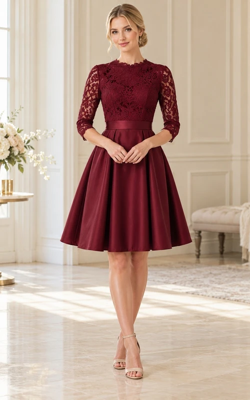 Robe de bal modeste en satin bordeaux à manches courtes et dentelle, longueur genou.