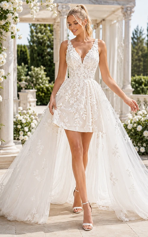 Vestido de novia elegante, romántico, corto, con escote en V, tirantes de encaje y cola de tul desmontable.