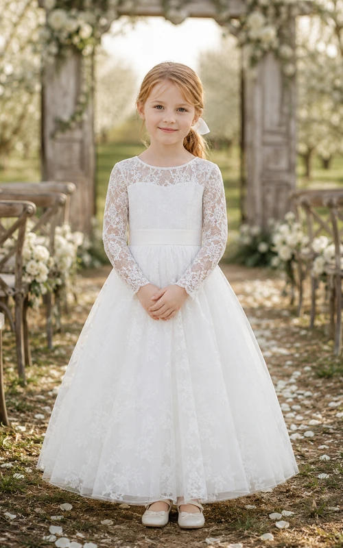 Robe de demoiselle d'honneur en dentelle ivoire et tulle, coupe trapèze, manches longues, col rond, longueur midi
