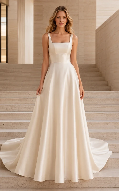 Robe de mariée architecturale en satin champagne à col carré et coupe trapèze