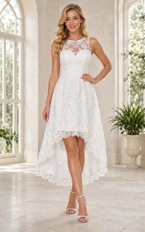 Robe de mariée modeste en dentelle, coupe trapèze asymétrique, col montant, sans manches, effet cascade, décolleté plongeant.