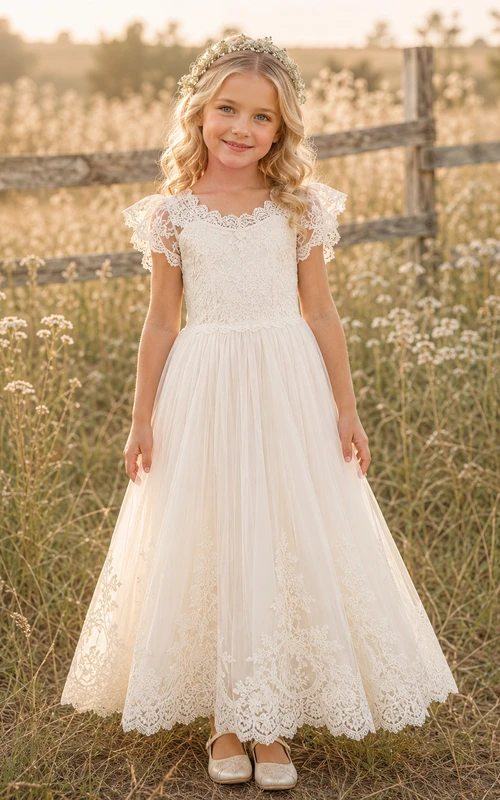 Robe de demoiselle d'honneur en tulle et dentelle ivoire à manches courtes