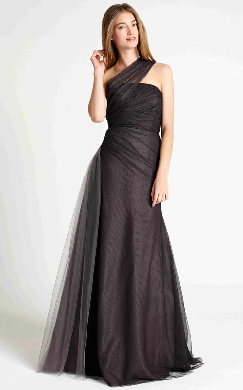 Vestido de dama de honor de tul fruncido, largo hasta el suelo, sin mangas y con un solo hombro