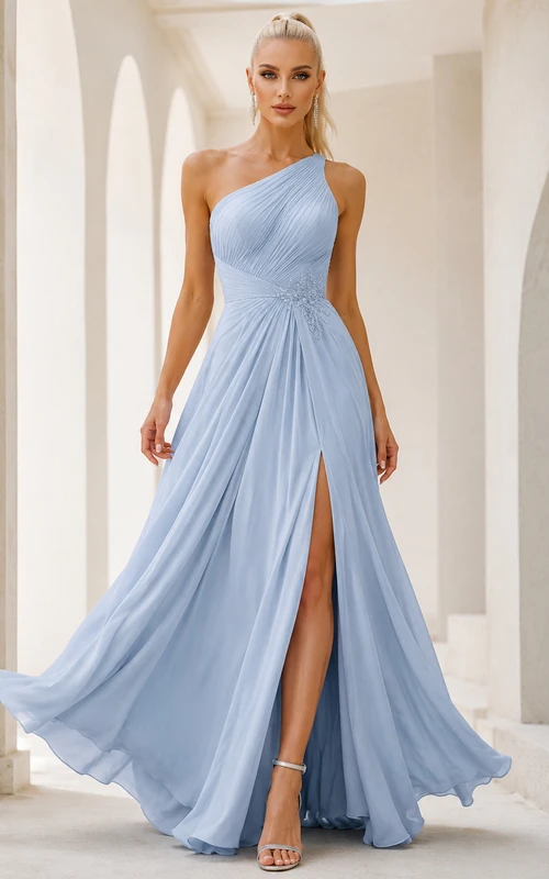Powder Blue One Shoulder Pleated Chiffon A-Line Front Slit Prom Dress